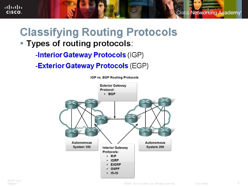 Classifying Routing Protocols Types of routing protocols: -Interior Gateway Protocols (IGP) -Exterior Gateway Protocols